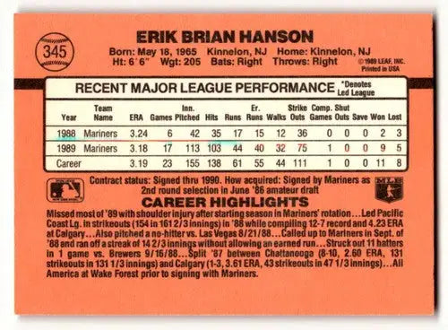 Back of 1990 Donruss Erik Hanson Seattle Mariners baseball card showing stats and info