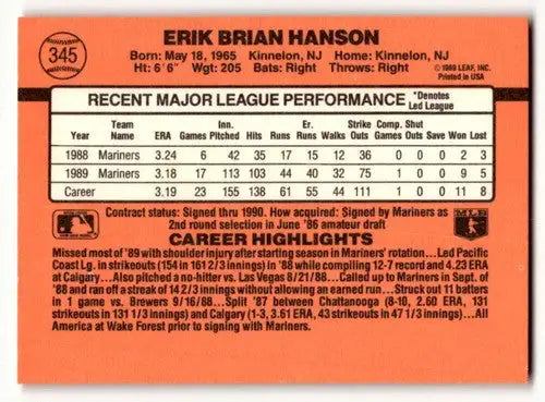 Erik Hanson Seattle Mariners baseball card back with original gloss from 1990 Donruss #345