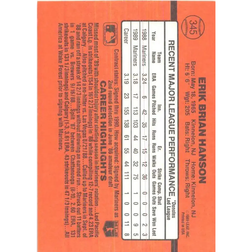 1990 Donruss #345 Erik Hanson VG-EX Seattle Mariners Baseball Card - Baseball Card Single