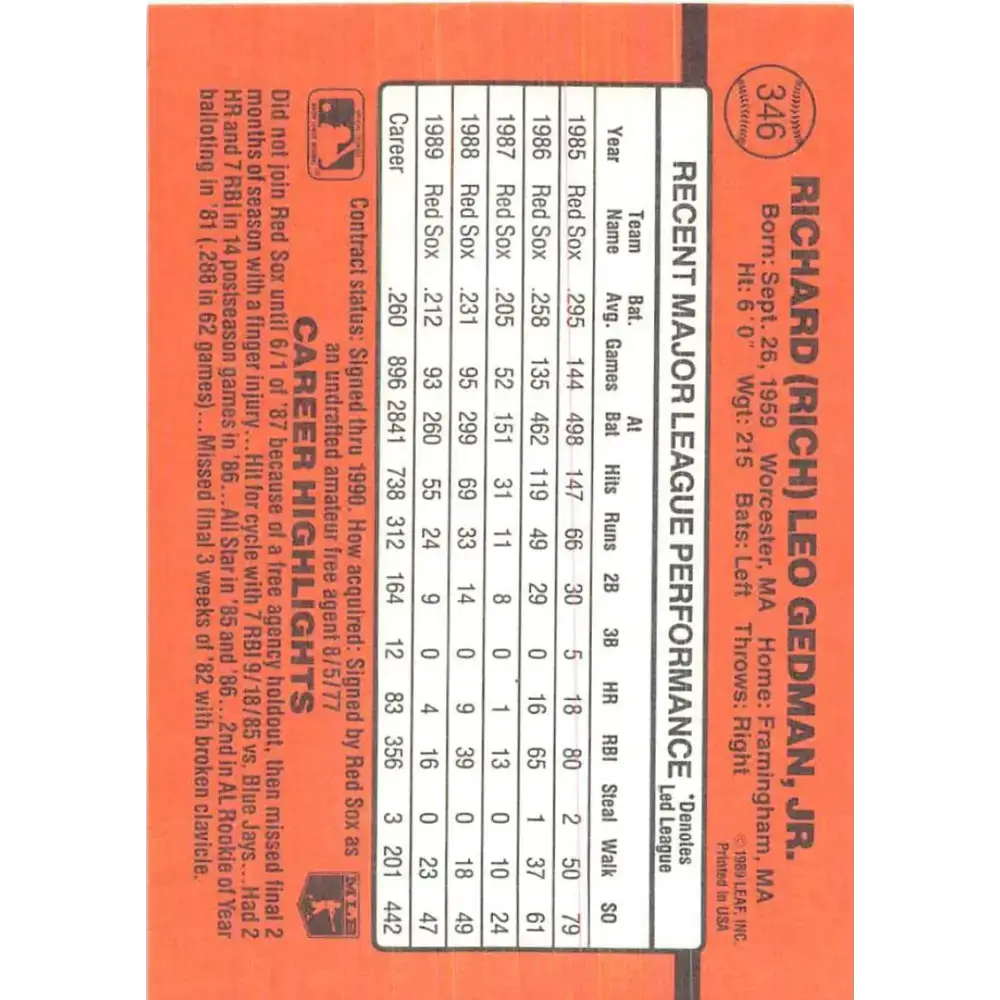 1990 Donruss #346 Rich Gedman VG-EX Boston Red Sox Baseball Card - Baseball Card Single