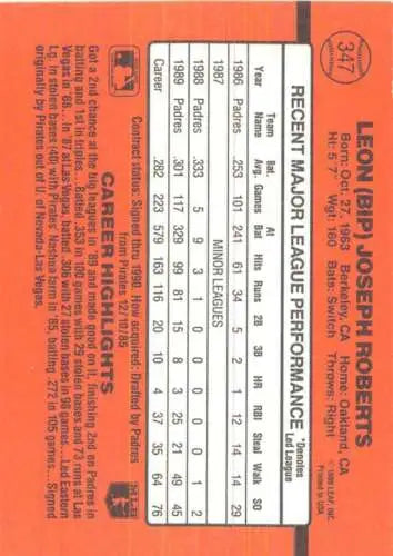 Baseball card back of 1990 Donruss #347 Bip Roberts with original gloss features