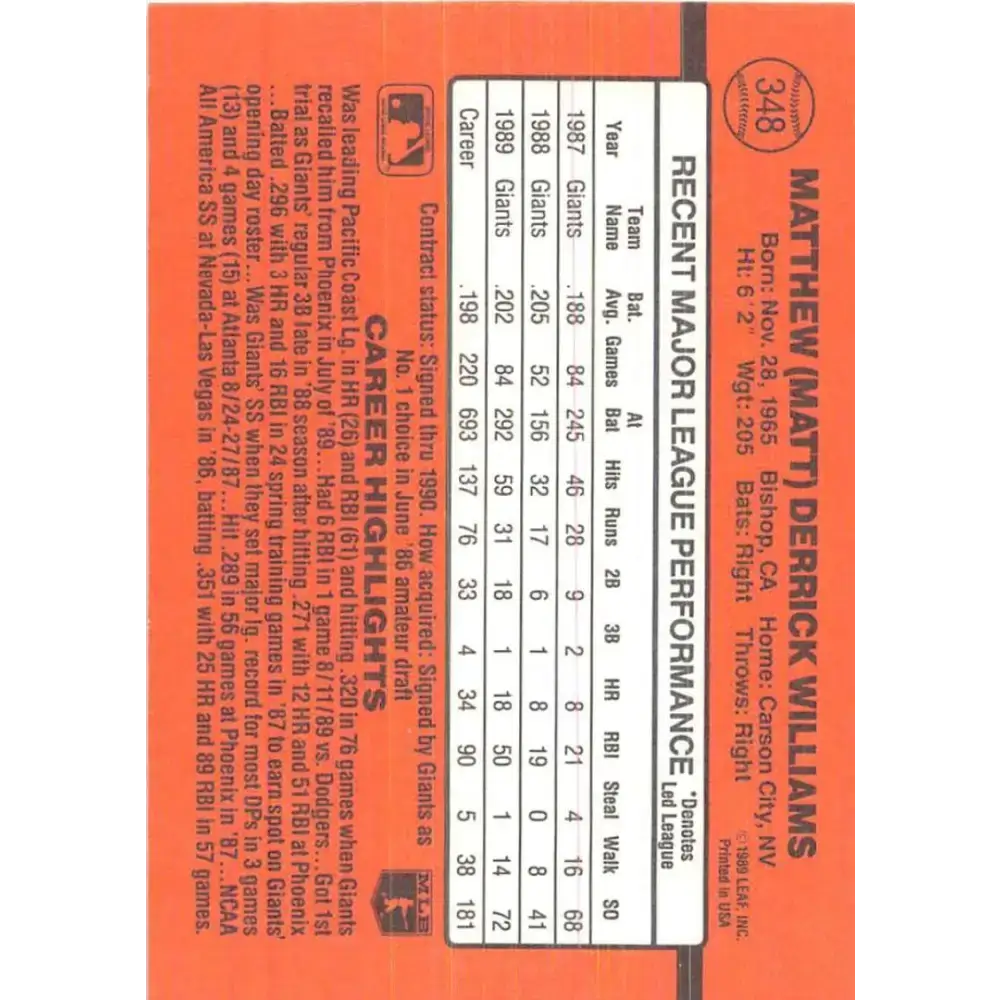 1990 Donruss #348 Matt Williams VG-EX San Francisco Giants Baseball Card - Baseball Card Single