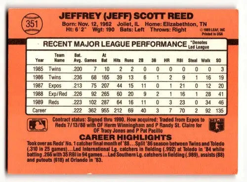 Jeff Reed Cincinnati Reds baseball card from 1990 Donruss product in EX/NM condition