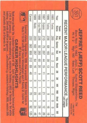1990 Donruss #351 Jeff Reed NM Near Mint Reds - Baseball Card Single