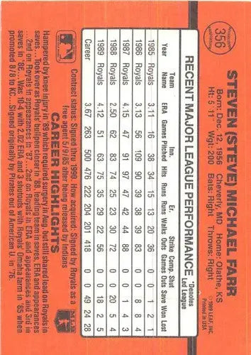 1990 Donruss #356 Steve Farr NM Near Mint Royals - Baseball Card Single
