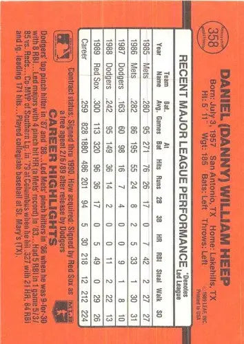 1990 Donruss #358 Danny Heep NM-MT Red Sox - Baseball Card Single