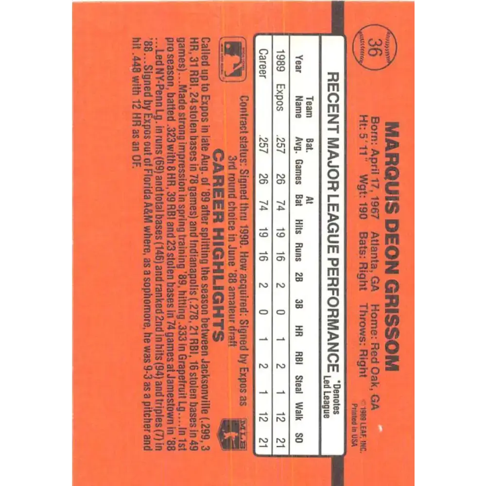 1990 Donruss #36 Marquis Grissom VG-EX RC Rookie Montreal Expos Baseball Card