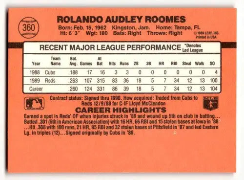 Back of 1990 Donruss Rolando Roomes Cincinnati Reds baseball card showing stats and info