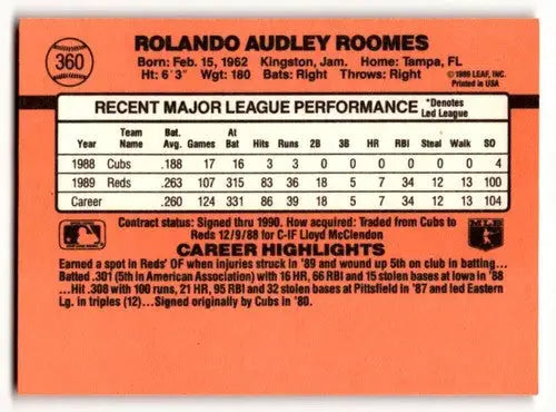 1980s Rolando Roomes Cincinnati Reds baseball card from 1990 Donruss series