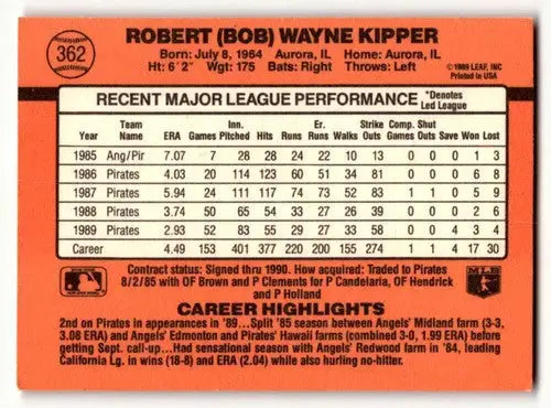Back of 1990 Donruss Bob Kipper Pittsburgh Pirates baseball card for Kipper Pittsburgh Pirates collection