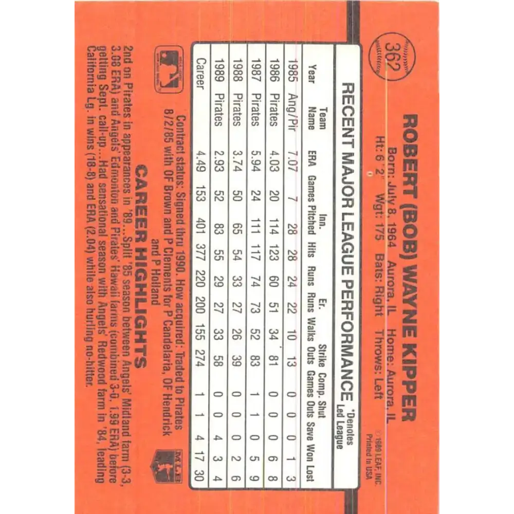 1990 Donruss #362 Bob Kipper VG-EX Pittsburgh Pirates Baseball Card - Baseball Card Single
