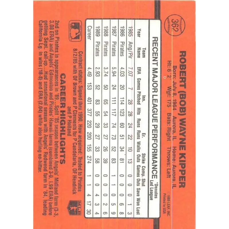 1990 Donruss #362 Bob Kipper VG-EX Pittsburgh Pirates Baseball Card - Baseball Card Single