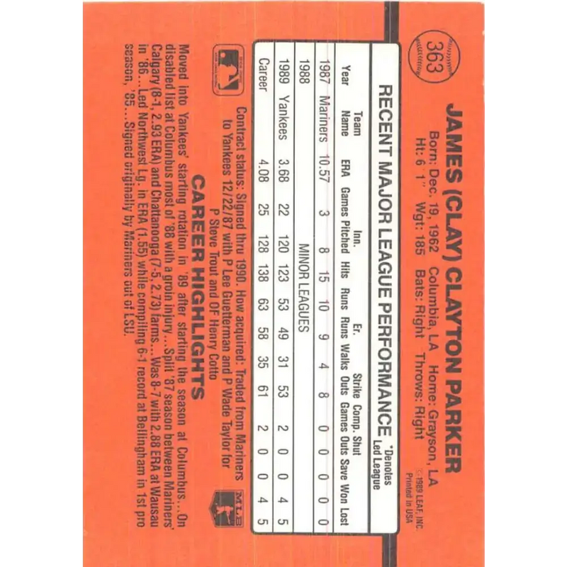 1990 Donruss #363 Clay Parker VG-EX New York Yankees Baseball Card - Baseball Card Single