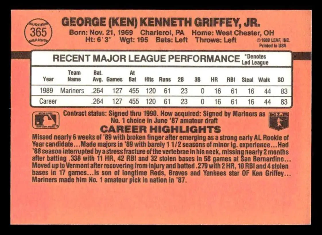 1990 Donruss #365 Ken Griffey Jr. - Baseball Card Single