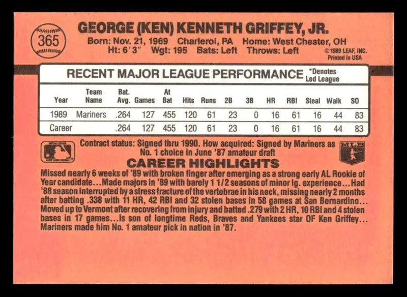 1990 Donruss #365 Ken Griffey Jr. - Baseball Card Single