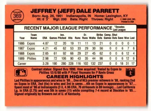 1990 Donruss #369 Jeff Parrett Philadelphia Phillies Baseball Cards ID:56208 - Baseball Card Single