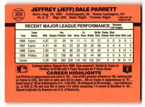 1990 Donruss #369 Jeff Parrett Philadelphia Phillies Baseball Cards ID:56218 - Baseball Card Single