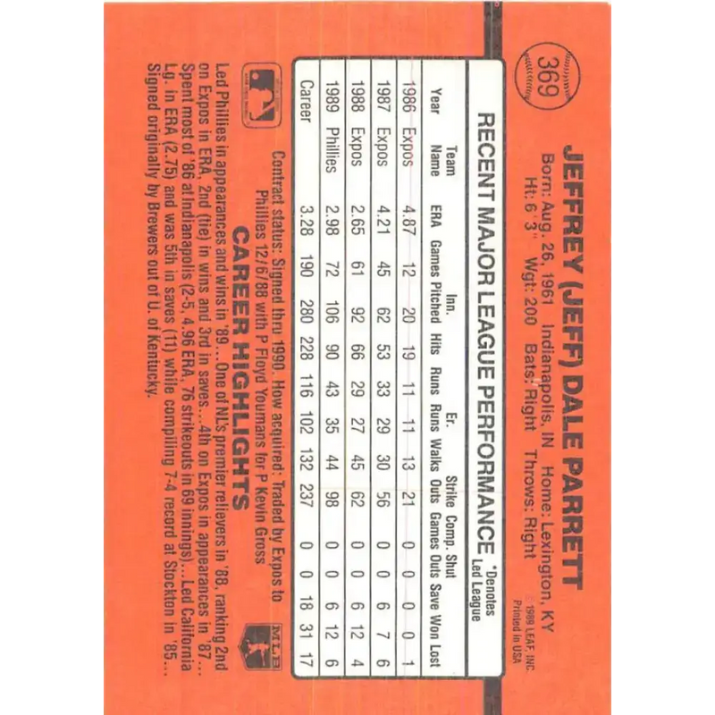 1990 Donruss #369 Jeff Parrett VG-EX Philadelphia Phillies Baseball Card - Baseball Card Single