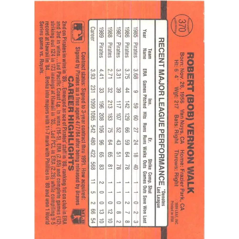 1990 Donruss #370 Bob Walk VG-EX Pittsburgh Pirates Baseball Card - Baseball Card Single