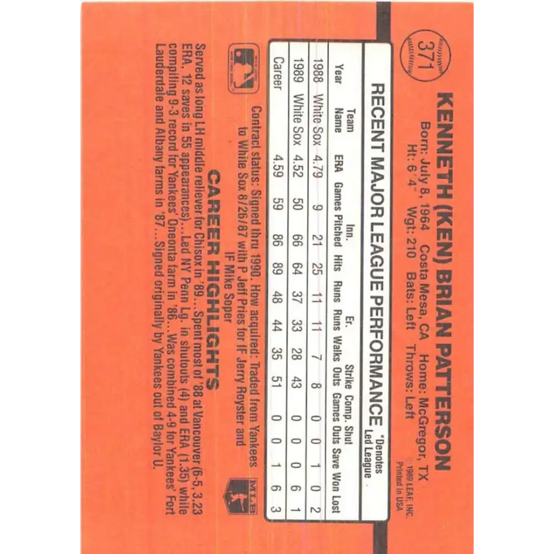 1990 Donruss #371 Ken Patterson VG-EX Chicago White Sox Baseball Card - Baseball Card Single