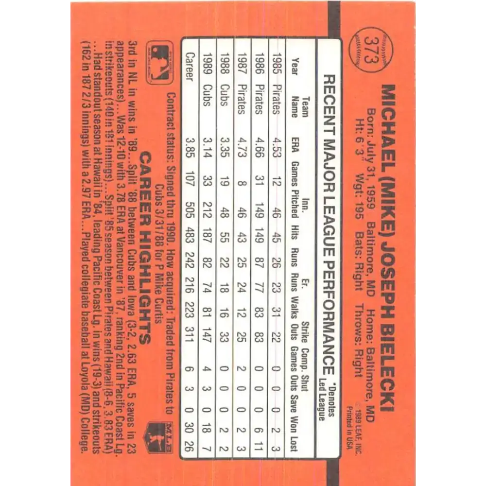 1990 Donruss #373 Mike Bielecki VG-EX Chicago Cubs Baseball Card - Baseball Card Single