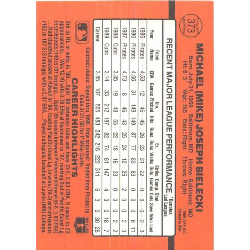1990 Donruss #373 Mike Bielecki VG-EX Chicago Cubs Baseball Card - Baseball Card Single