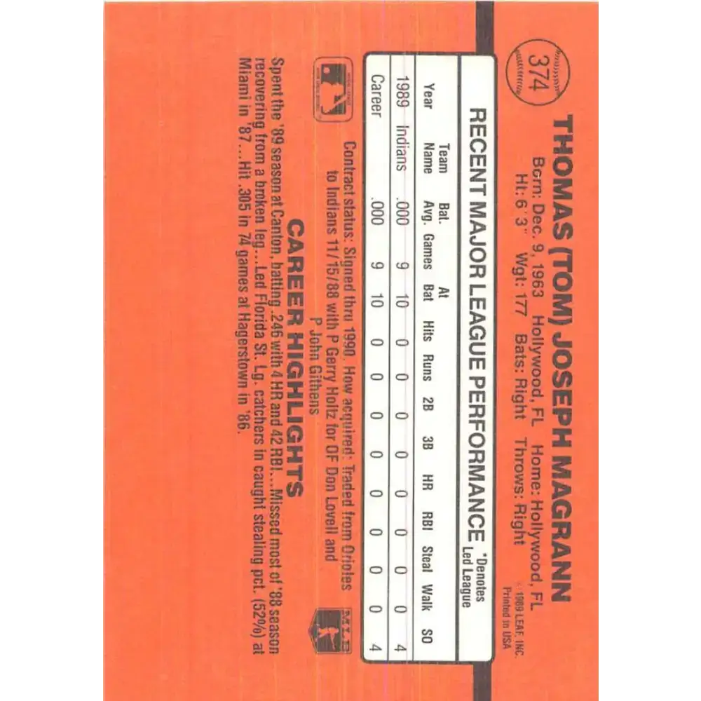 1990 Donruss #374 Tom Magrann VG-EX RC Rookie Cleveland Indians Baseball Card - Baseball Card Single