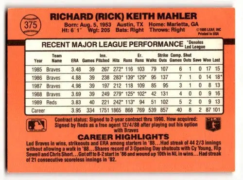 1990 Donruss #375 Rick Mahler Cincinnati Reds Baseball Cards EX/NM ID:54648 - Baseball Card Single