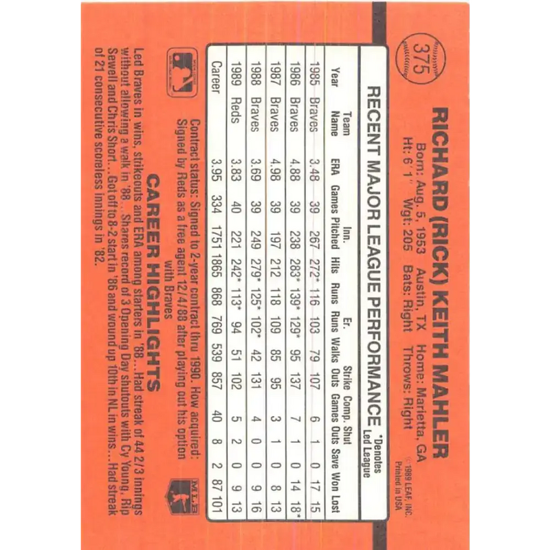 1990 Donruss #375 Rick Mahler VG-EX Cincinnati Reds Baseball Card - Baseball Card Single