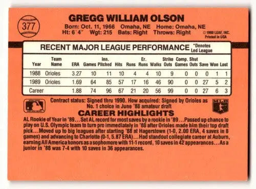 Original gloss Gregg Olson Baltimore Orioles baseball card from 1990 Donruss #377