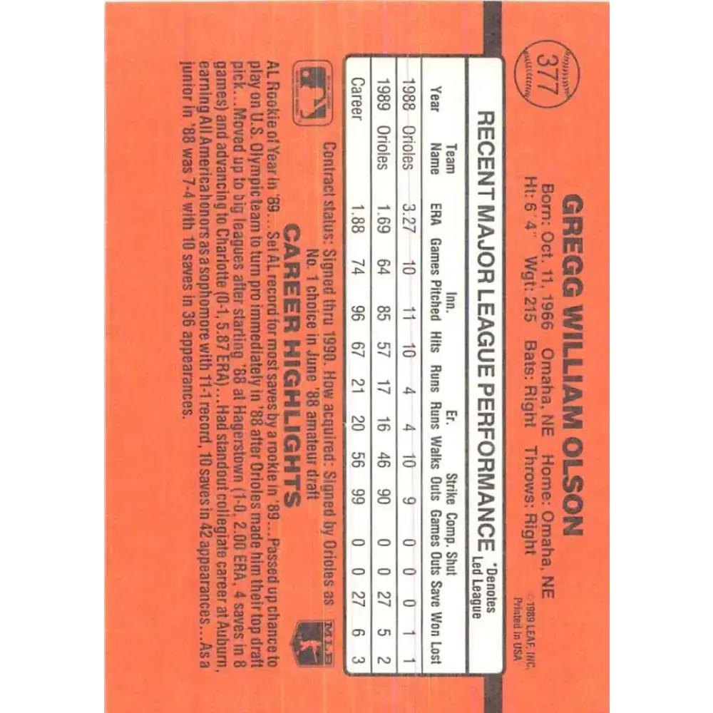 1990 Donruss #377 Gregg Olson VG-EX Baltimore Orioles Baseball Card - Baseball Card Single
