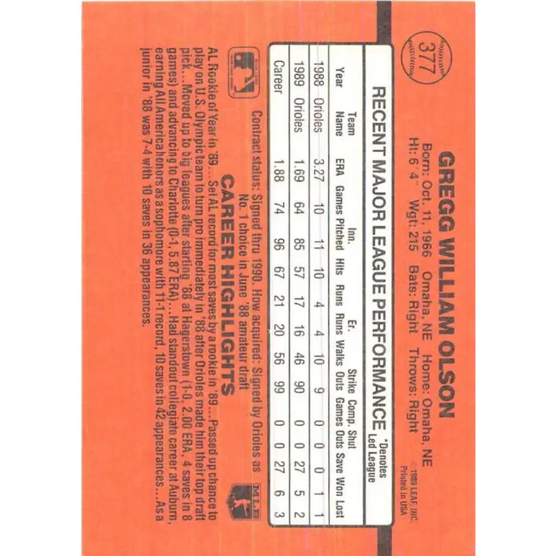 1990 Donruss #377 Gregg Olson VG-EX Baltimore Orioles Baseball Card - Baseball Card Single