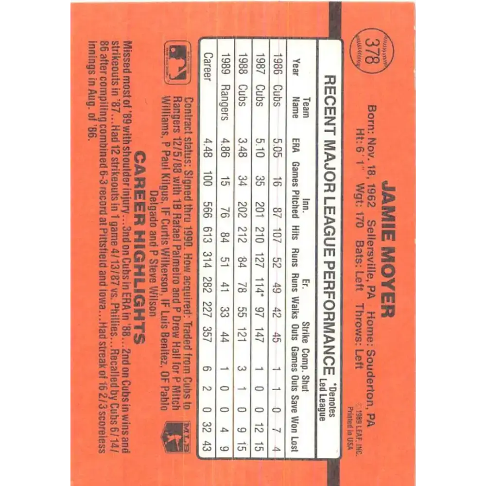 1990 Donruss #378 Jamie Moyer VG-EX Texas Rangers Baseball Card - Baseball Card Single