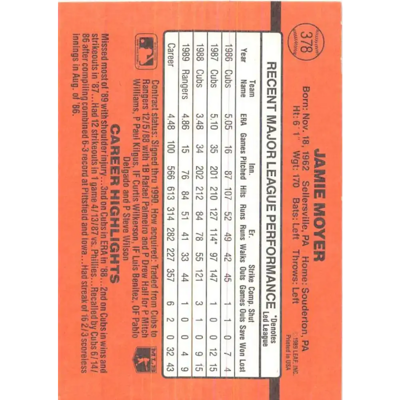 1990 Donruss #378 Jamie Moyer VG-EX Texas Rangers Baseball Card - Baseball Card Single