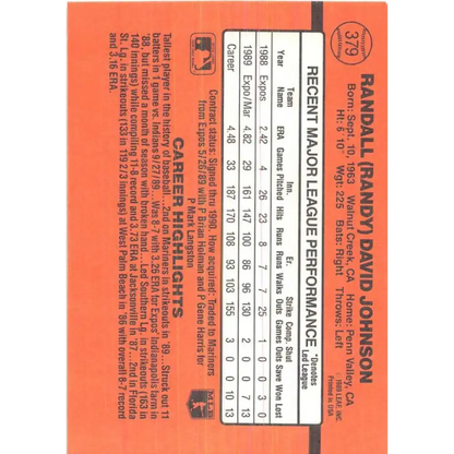 1990 Donruss #379 Randy Johnson VG-EX Seattle Mariners Baseball Card