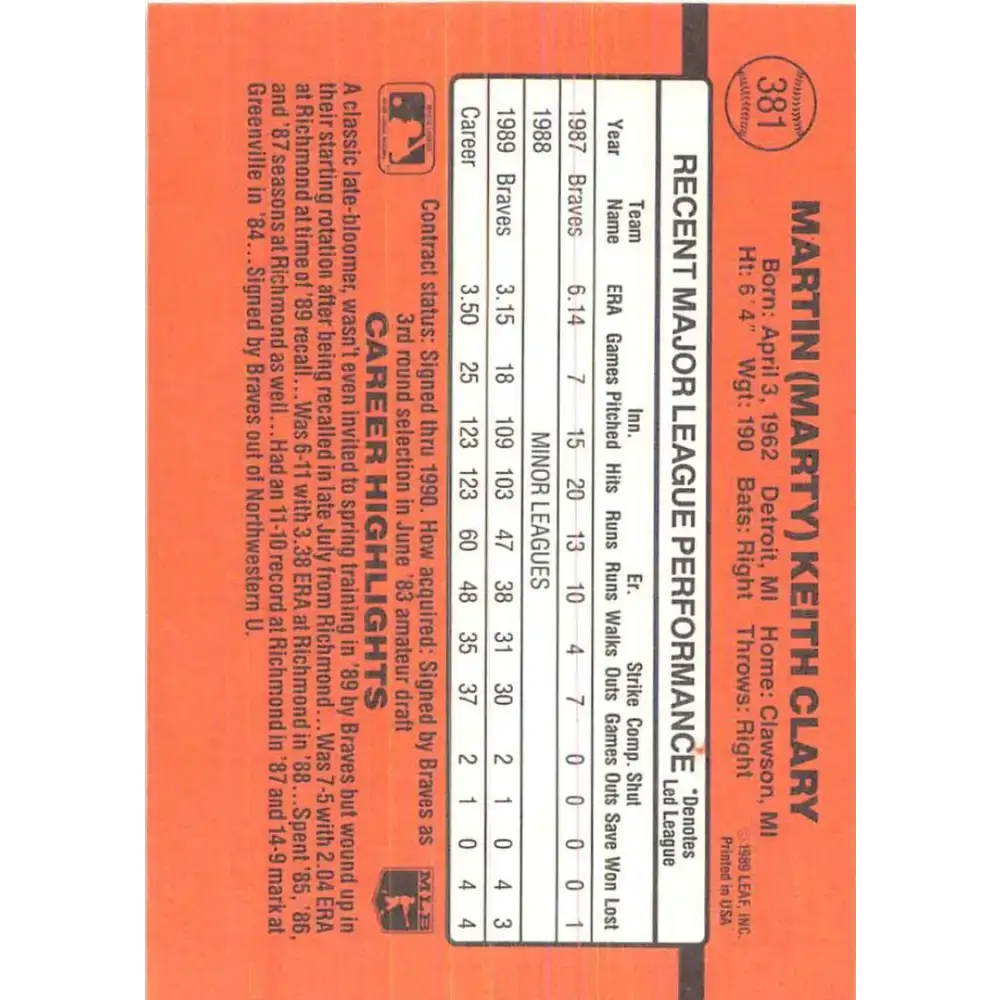 1990 Donruss #381 Marty Clary VG-EX Atlanta Braves Baseball Card - Baseball Card Single