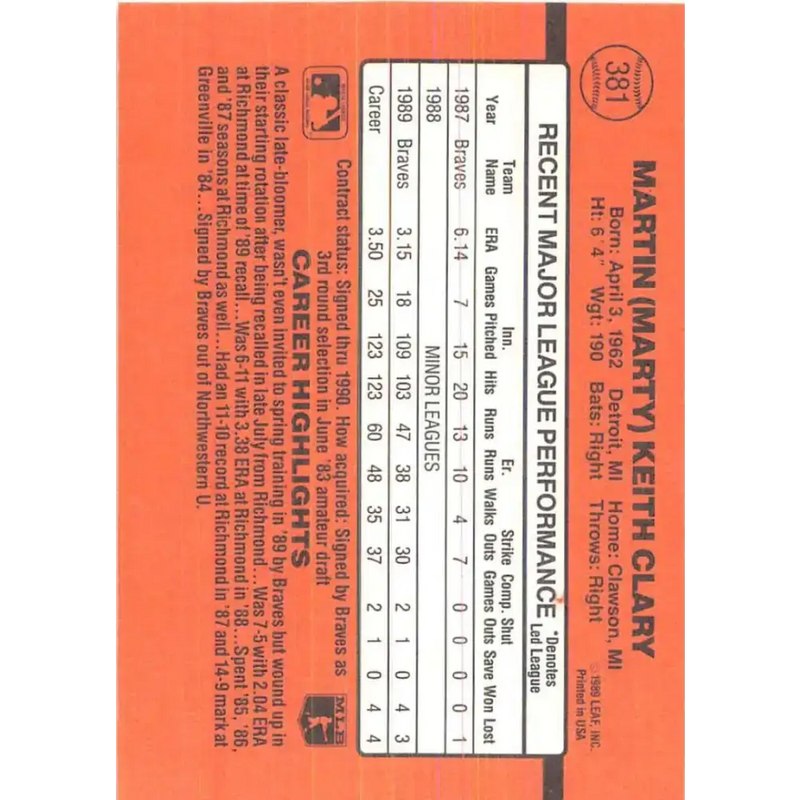 1990 Donruss #381 Marty Clary VG-EX Atlanta Braves Baseball Card - Baseball Card Single