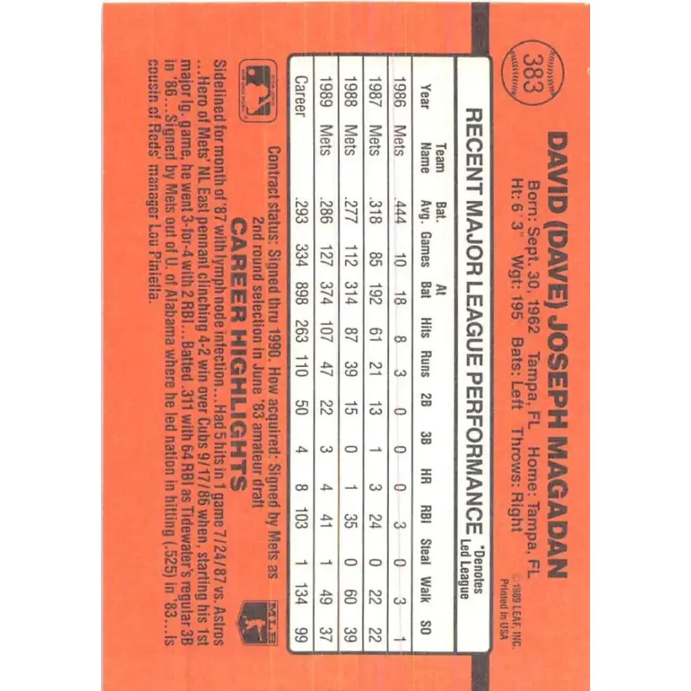 1990 Donruss #383 Dave Magadan VG-EX New York Mets Baseball Card - Baseball Card Single