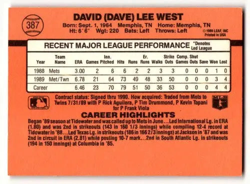 Baseball card back with original gloss for Dave West Minnesota Twins 1990 Donruss card