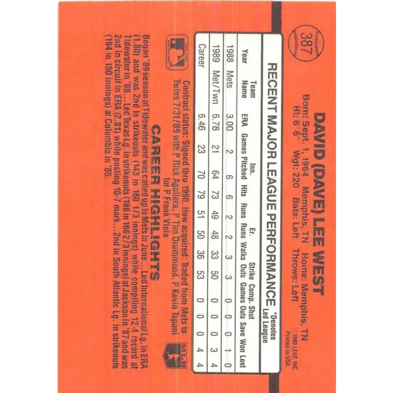 1990 Donruss #387 David West VG-EX Minnesota Twins Baseball Card - Baseball Card Single