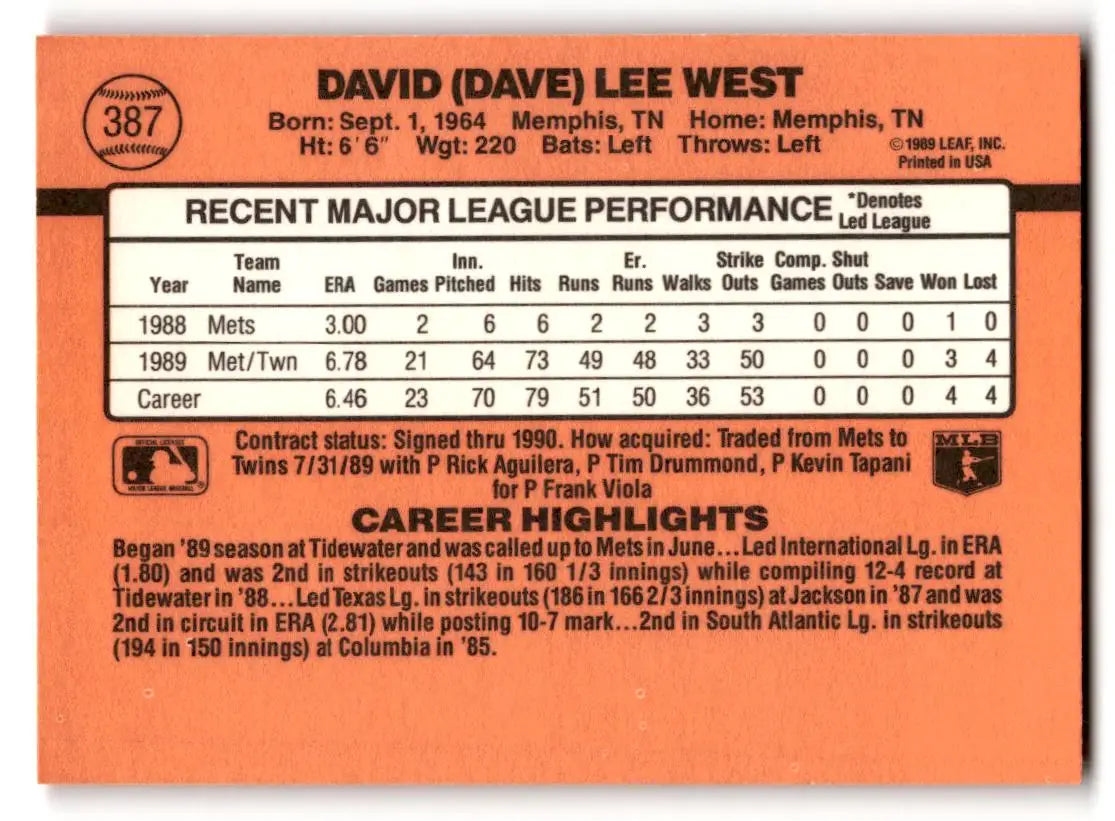 1990 Donruss #387b Dave West - Baseball Card Single