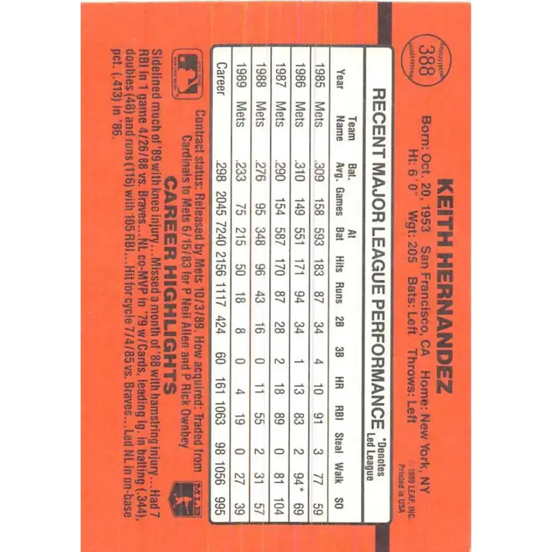 1990 Donruss #388 Keith Hernandez VG-EX New York Mets Baseball Card - Baseball Card Single
