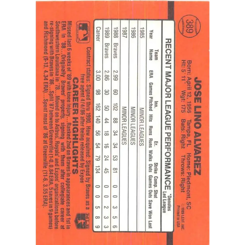 1990 Donruss #389 Jose Alvarez VG-EX Atlanta Braves Baseball Card - Baseball Card Single