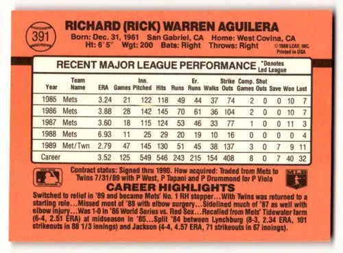 Original gloss 1990 Donruss Rick Aguilera Minnesota Twins baseball card image