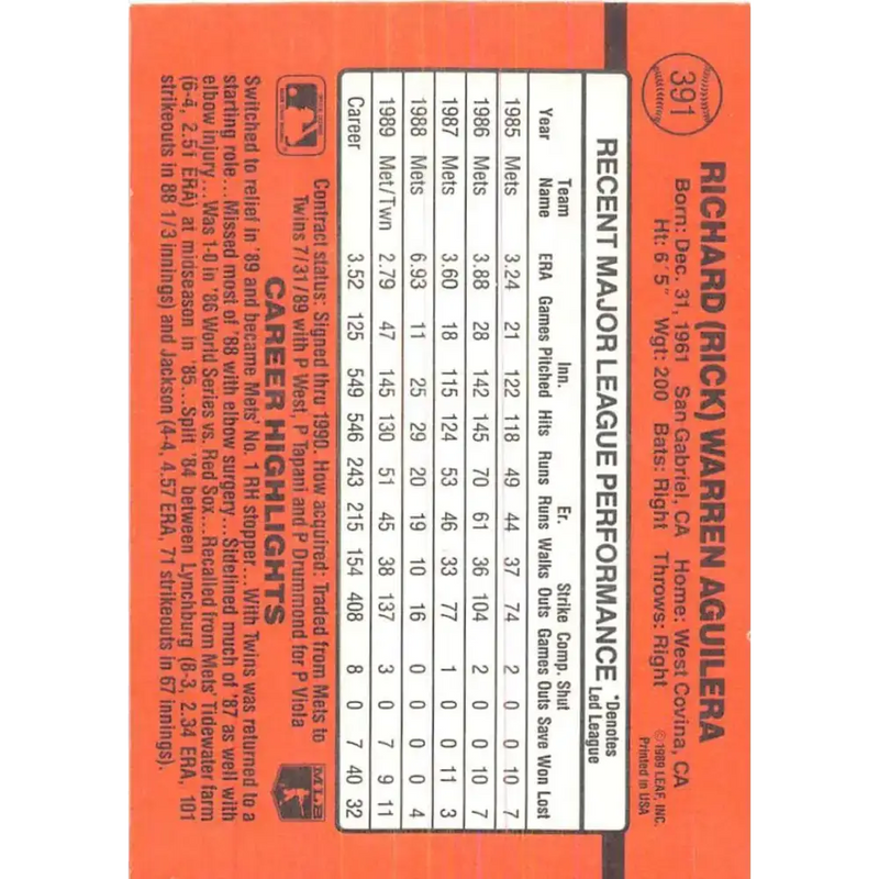 1990 Donruss #391 Rick Aguilera VG-EX Minnesota Twins Baseball Card - Baseball Card Single