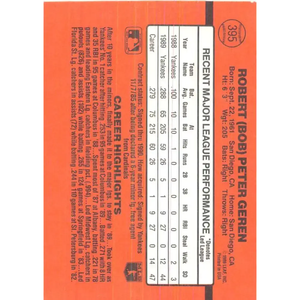 1990 Donruss #395 Bob Geren VG-EX New York Yankees Baseball Card - Baseball Card Single