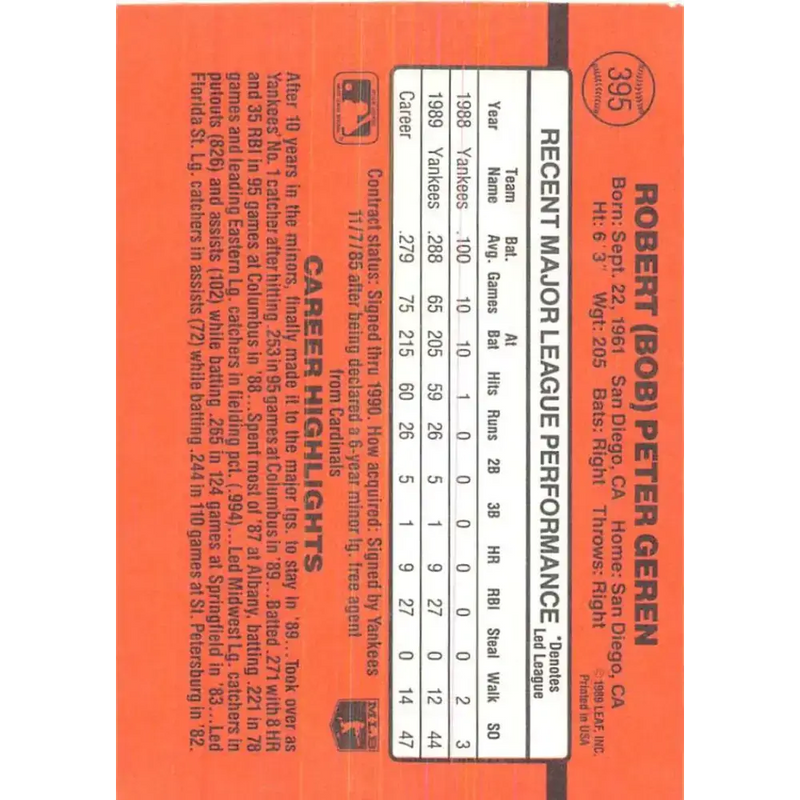 1990 Donruss #395 Bob Geren VG-EX New York Yankees Baseball Card - Baseball Card Single