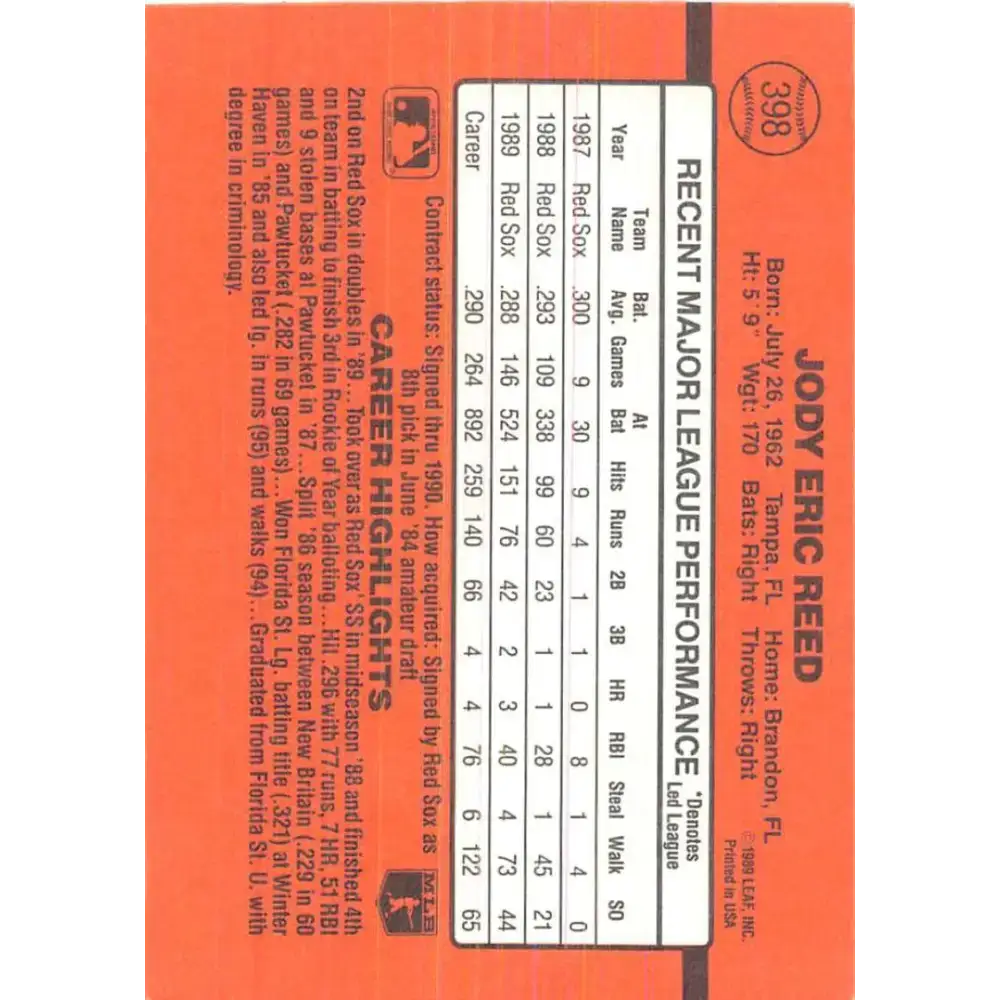 1990 Donruss #398 Jody Reed VG-EX Boston Red Sox Baseball Card - Baseball Card Single