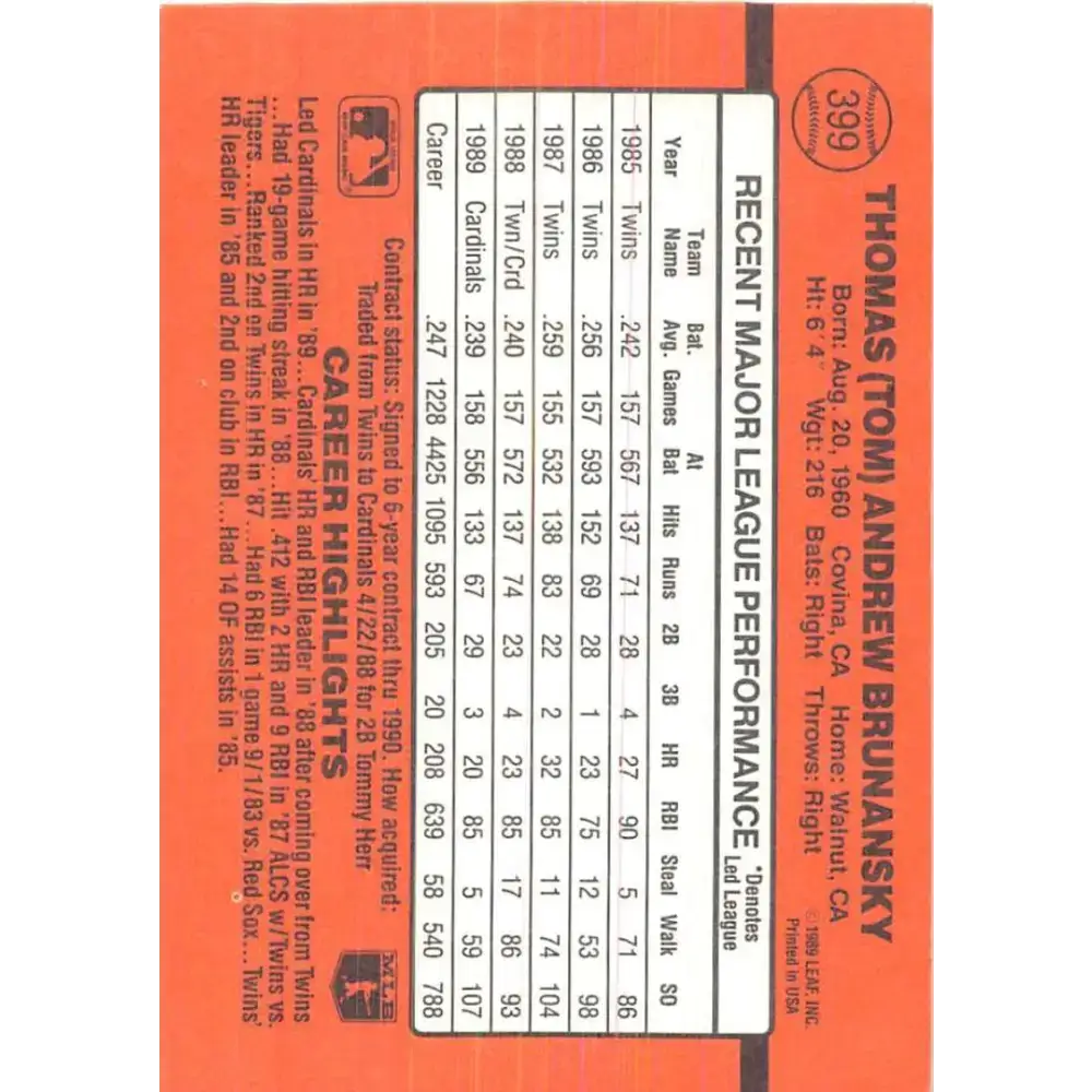 1990 Donruss #399 Tom Brunansky VG-EX St. Louis Cardinals Baseball Card - Baseball Card Single