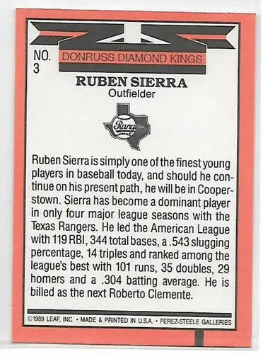 Original gloss 1990 Donruss Ruby Sierra baseball card featuring Ruben Sierra Rangers